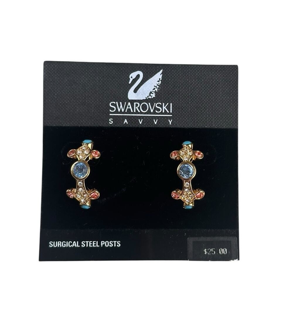 Vintage Swarovski Savvy Multicolor Crystal Half Hoop Earrings Swan Logo Signed